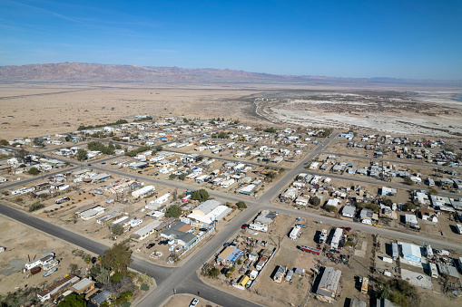 Aerial view of desert town on grid pattern