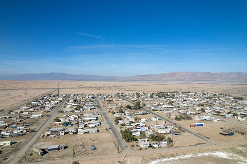 Aerial view of desert town on grid pattern