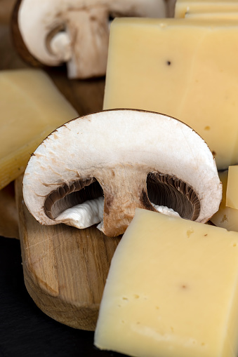 fresh natural cheese with mushrooms, milk cheese with flavor and pieces of mushrooms