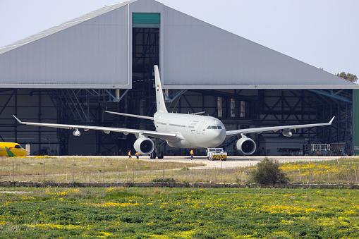 Luqa, Malta - March 8, 2024: UAE Air Force Airbus A330-243MRTT (REG: EC-345) fresh out of the ACM hanger in UAE Air Force colors after 2 months in there.