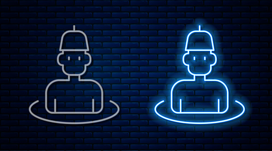 Glowing neon line Man in the sauna icon isolated on brick wall background. Vector.