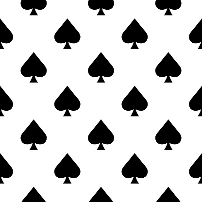 Vector seamless pattern of black aces of spades on a square white background.