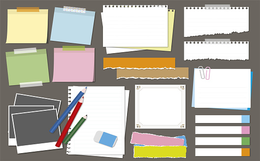 Collection of different colored sheets of note papers. Note paper with pin, binder clip, push pin, adhesive tape. Templates for a note message. Vector illustration