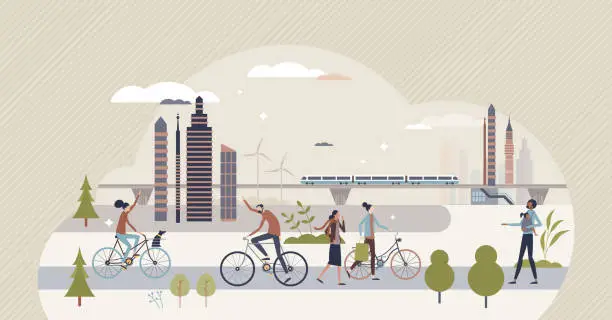 Vector illustration of Save earth and use walking, cycling and public transport tiny person concept