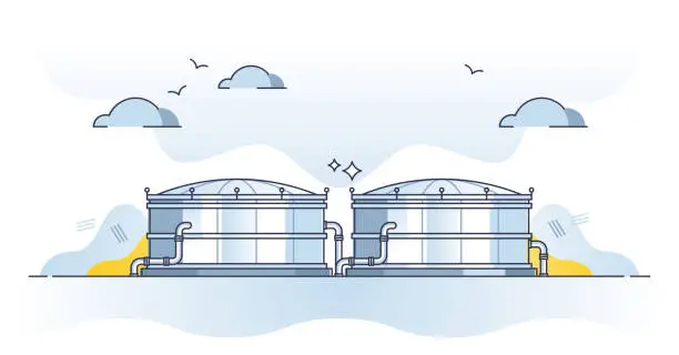 Vector illustration of Crude oil storage tank building with large container for fuel outline concept