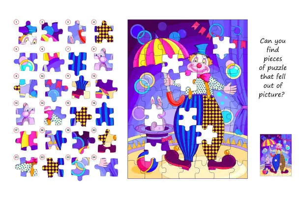 Vector illustration of Can you find pieces of puzzle that fell out of picture? Logic game for children and adults. Page for kids brain teaser book. Task for attentiveness. Developing spatial thinking. Vector illustration.