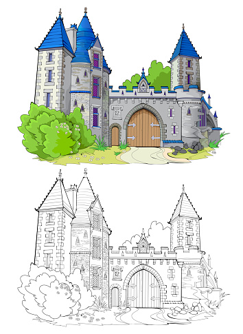 Colorful and black and white template for coloring. Fantasy illustration of a medieval French fortress with gates. Ancient architecture. Worksheet for coloring book for children and adults.