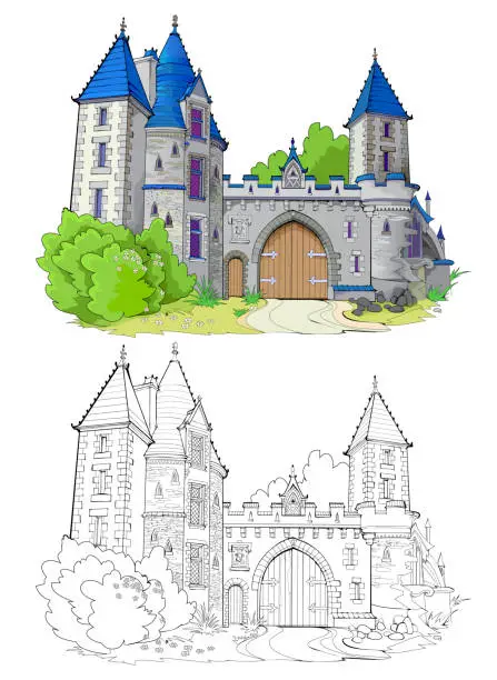 Vector illustration of Colorful and black and white template for coloring. Fantasy illustration of a medieval French fortress with gates. Ancient architecture. Worksheet for coloring book for children and adults.