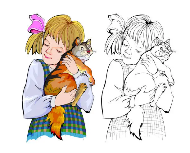 Vector illustration of Colorful and black and white page for kids coloring book. Illustration of little girl hugging her favorite cat. Taking care of animals. Worksheet for children and adults. Flat cartoon vector.