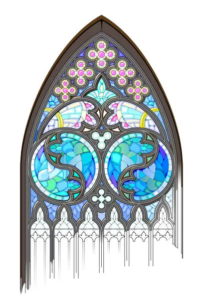 Vector illustration of Beautiful colorful medieval stained glass window. Gothic architectural style with pointed arch. Architecture in France churches. Middle ages in Western Europe. Vector illustration.