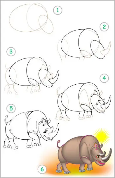 Vector illustration of Page shows how to learn step by step to draw a rhinoceros. Developing children skills for drawing and coloring. Vector image.