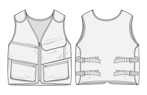 This vector illustration provides a detailed depiction of a technical cargo nylon vest, illustrated from both front and back perspectives. The design is tailored for multifunctional use, including ski equipment, hiking, helicopter rescue operations, and tactical applications. The illustration highlights the vest's numerous pockets and compartments, designed for optimal storage and easy access to gear and essentials. It also showcases the durable nylon material, ensuring the vest's suitability for harsh conditions and demanding activities. Special attention is given to the vest's ergonomic fit and adjustability features, accommodating a wide range of movements and body types. This vector illustration serves as a versatile design template for manufacturers and designers in the outdoor and tactical gear industry, offering a precise visual guide for product development and marketing. The illustration aims to facilitate the communication of the vest's specific functionalities and advantages, making it a valuable asset for promotional materials, product catalogs, and educational resources within the related fields.