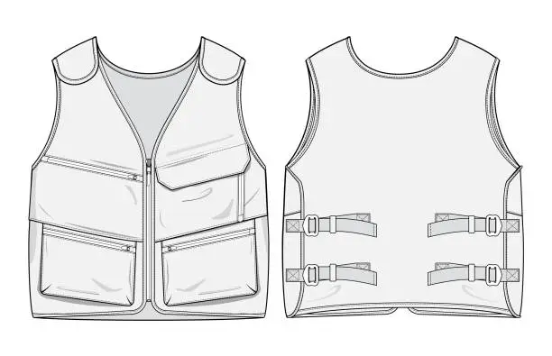 Vector illustration of Technical Nylon Vest Vector Illustration - Front & Back View for Ski Equipment, Hiking, Helicopter Rescue, Tactical Use