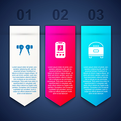 Set Air headphones, Music player and Stereo speaker. Business infographic template. Vector.