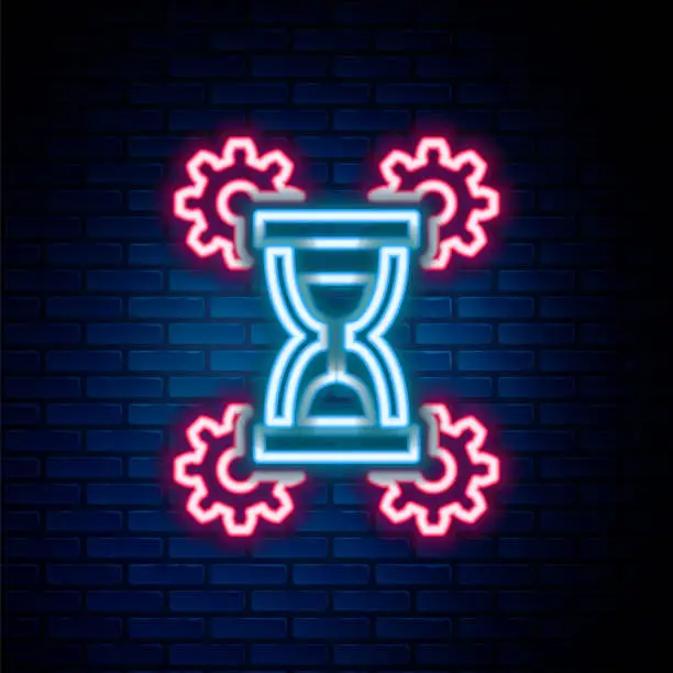 Vector illustration of Glowing neon line Hourglass and gear icon isolated on brick wall background. Time Management symbol. Clock and gear icon. Productivity symbol. Colorful outline concept. Vector