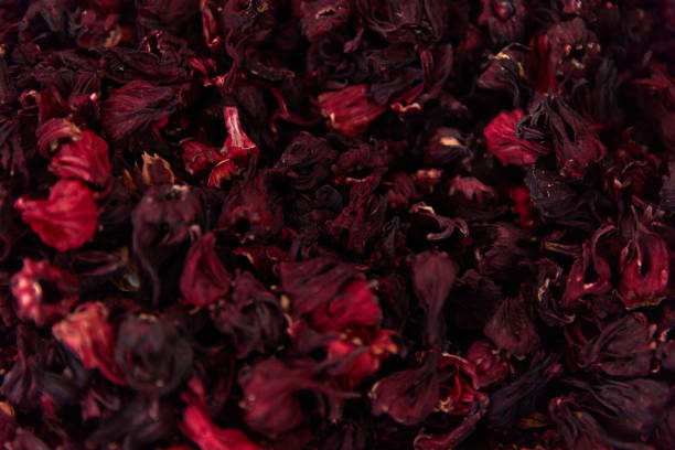 istock Hibiscus dried flowers texture pattern. Flat lay top veiw karkade tea 2069287410