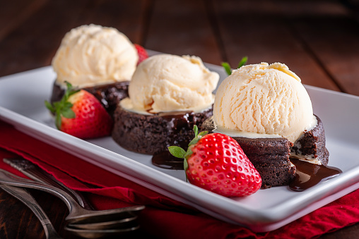 Molten Chocolate Cake with Vanilla Ice Cream and Strawberries