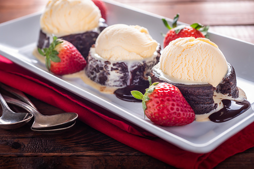 Molten Chocolate Cake with Vanilla Ice Cream and Strawberries