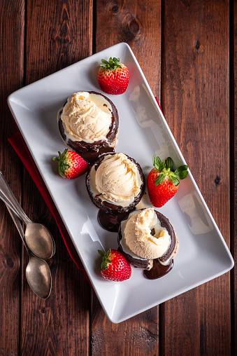 Molten Chocolate Cake with Vanilla Ice Cream and Strawberries