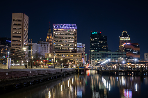 Baltimore, USA - February 17, 2024. Downtown skyline at night, Baltimore, Maryland, USA