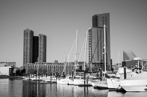 Baltimore, USA - February 18, 2024. Marina at Inner Harbor, Baltimore, Maryland, USA