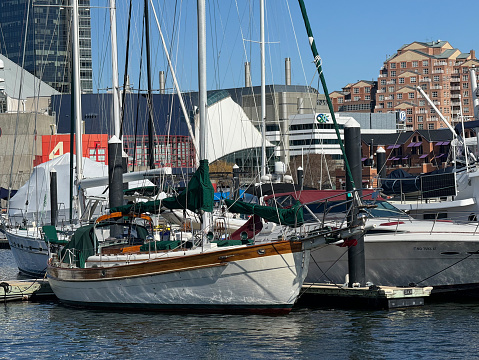 Baltimore, USA - February 18, 2024. Marina at Inner Harbor, Baltimore, Maryland, USA