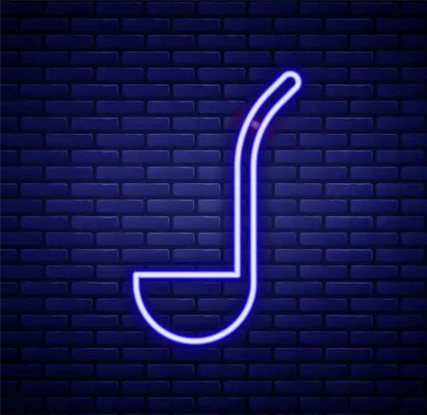 Vector illustration of Glowing neon line Kitchen ladle icon isolated on brick wall background. Cooking utensil. Cutlery spoon sign. Colorful outline concept. Vector