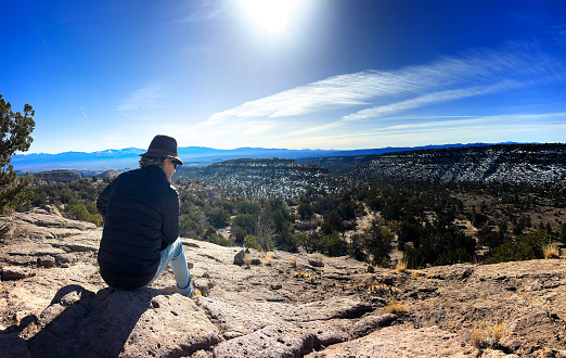 Los Alamos, NM: Man Overlooking Otowi Mesa, San Ildefonso Pueblo