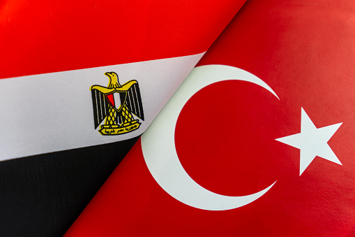 Background of the flags of the Egypt, Turkey. The concept of interaction or counteraction between the two countries. International relations. political negotiations. Sports competition.