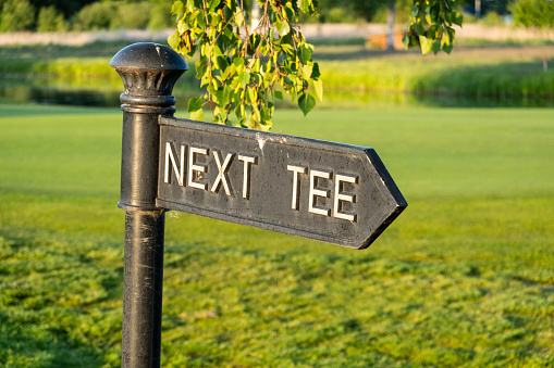 A sign shwoing wehre the next tee is with some green gras sin the background