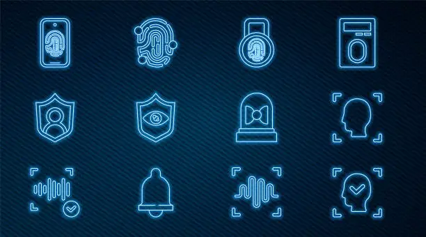 Vector illustration of Set line Face recognition, Fingerprint with lock, Shield eye scan, User protection, Mobile fingerprint, Motion sensor and icon. Vector