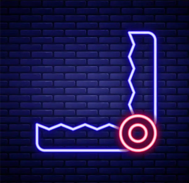 Vector illustration of Glowing neon line Trap hunting icon isolated on brick wall background. Colorful outline concept. Vector