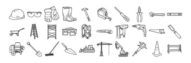 Vector illustration of Construction Worker Tools and Equipment Outline Illustration Vector Set