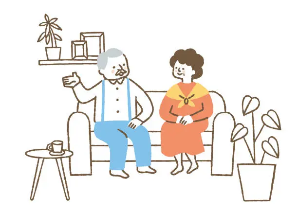 Vector illustration of Elderly couple having a conversation in the living room of their home_Color