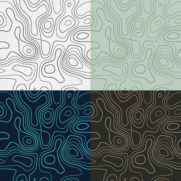 Vector illustration of Topography patterns. Seamless elevation map tiles. Attractive isoline background. Charming tileable patterns. Vector illustration.