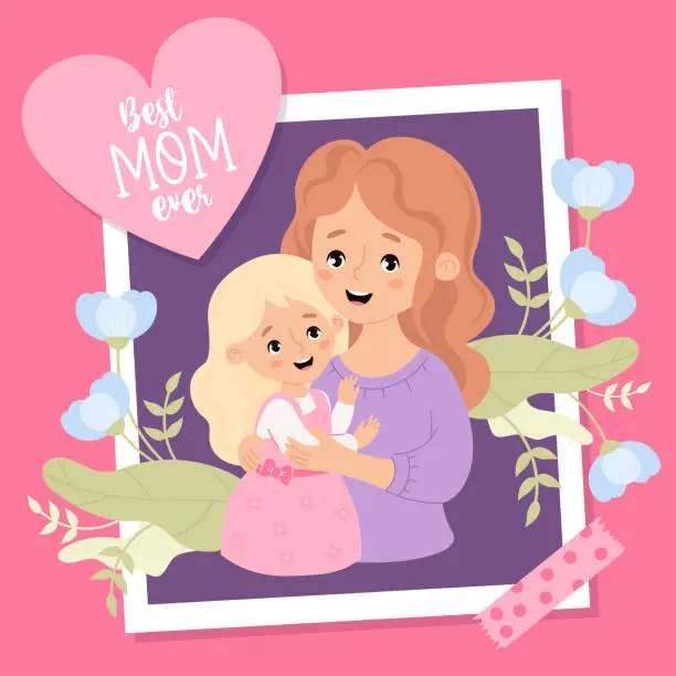 Vector illustration of Cute holiday photograph from happy woman mother with her daughter with flowers. Mother's confession and congratulations. Vector illustration in flat cartoon style