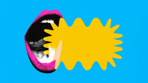 istock Poster. Contemporary art collage. Open mouth with pink lips with yellow speech bubble with copy space against vibrant blue background 2069637628