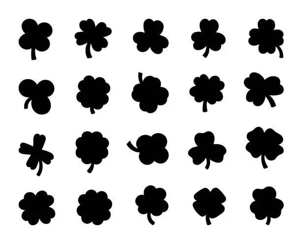 Vector illustration of Lucky clover. Silhouette Image. Traditional Irish symbol for St. Patrick s day. Hand drawn style. Vector drawing. Collection of design elements.