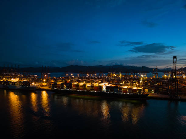 istock Aerial view of container terminal at night 2069640813