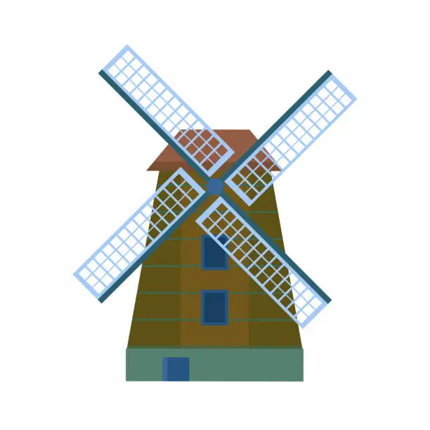 Vector illustration of Vector wooden windmill icon traditional farm building for grinding wheat grains to flour