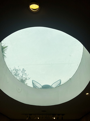 A view through a circular skylight reveals a serene blue sky framed by the silhouette of palm leaves, with a pair of butterfly chairs visible below, suggesting a tranquil indoor space designed for relaxation and connection with nature.