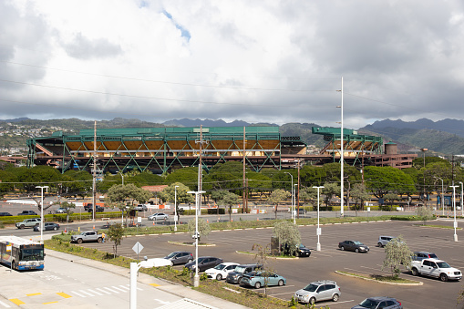 Honolulu, Hawaii, USA - February 24, 2024: View from the Skyline Rail of the Aloha Stadium, a closed multi-purpose stadium located in Halawa, Hawaii.