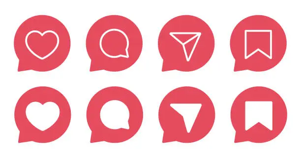 Vector illustration of Like, comment, share, and save icon on speech bubble. Social media ui elements