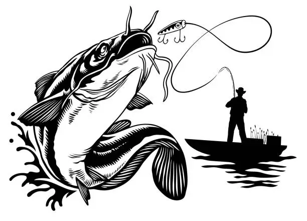 Vector illustration of Fisherman Catching Big Catfish in Black and White Style