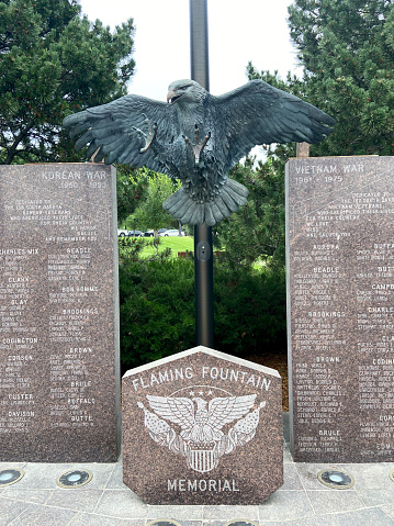 Pierre, USA - June 16, 2023. Flaming Fountain Memorial for veterans in Pierre, the capital city of South Dakota, USA