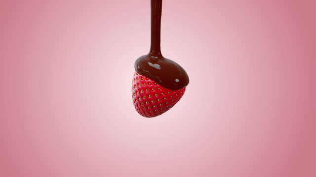 chocolate flow on strawberry, 3D animation, Green Screen