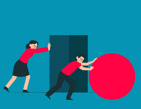 Person pushing a sphere leading the race against. Vector strategy concept