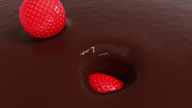 strawberry falling to chocolate, 3D animation