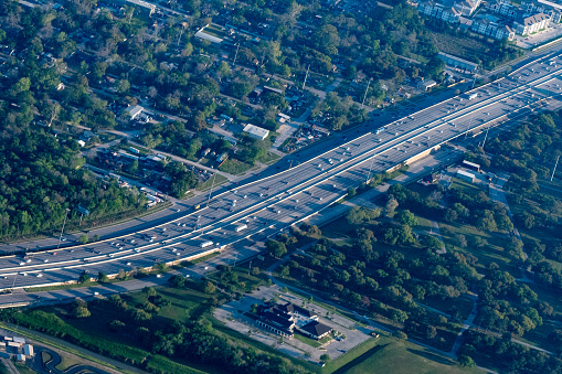 Aerial photograph of a major multi-lane highway in Texas outside of Houston
