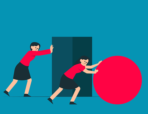 Person pushing a sphere leading the race against. Vector strategy concept